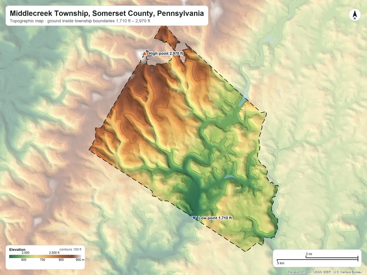 Topographic elevation map of Middlecreek Township, Somerset County, Pennsylvania, shaded from 1,710 ft on the southwest side to 2,970 ft on the northwest side