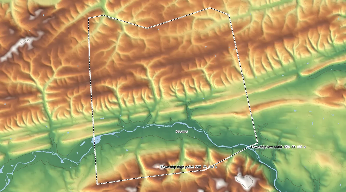 Topographic elevation map of Middlecreek Township, Pennsylvania, shaded from 450 ft on the southeast side to 990 ft on the south side
