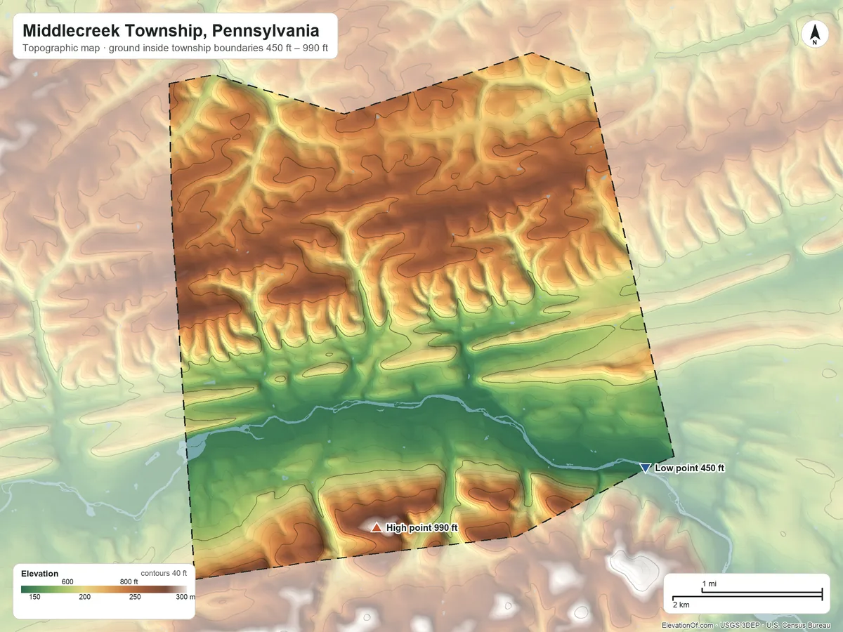 Topographic elevation map of Middlecreek Township, Pennsylvania, shaded from 450 ft on the southeast side to 990 ft on the south side