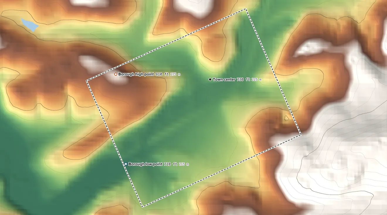 Topographic elevation map of Middleport, Pennsylvania, shaded from 710 ft on the southwest side to 910 ft at the foot of the Broad Mountain