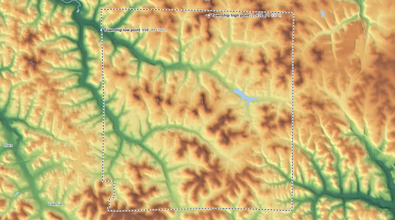 Topographic elevation map of Middlesex Township, Butler County, Pennsylvania, shaded from 990 ft on the northwest side to 1,410 ft on the north side
