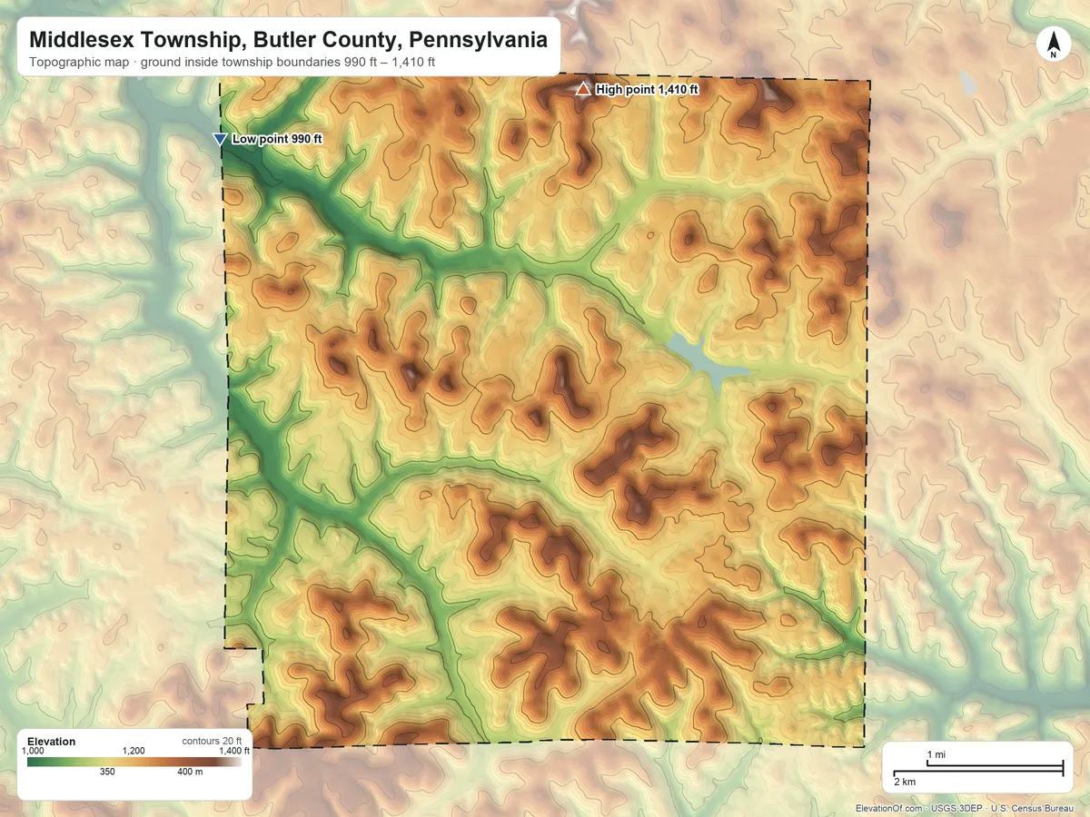 Topographic elevation map of Middlesex Township, Butler County, Pennsylvania, shaded from 990 ft on the northwest side to 1,410 ft on the north side