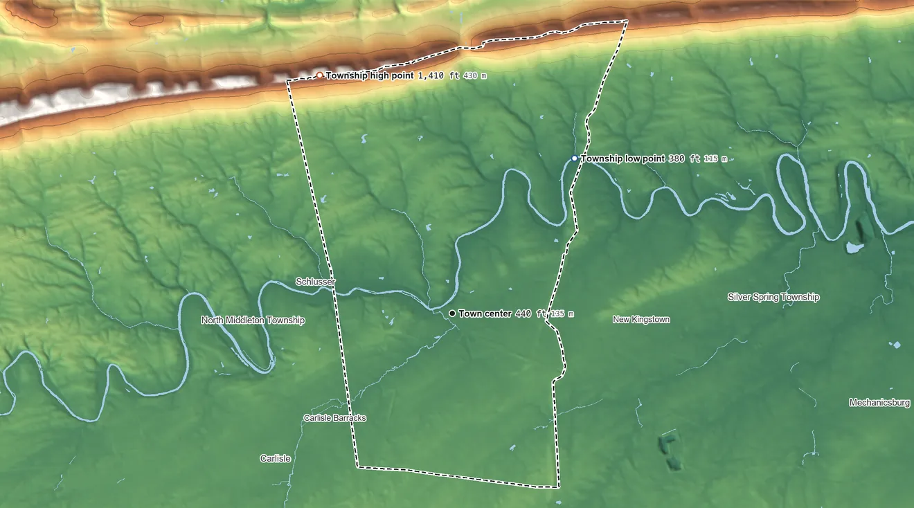 Topographic elevation map of Middlesex Township, Pennsylvania, shaded from 380 ft on the northeast side to 1,410 ft on the northwest side