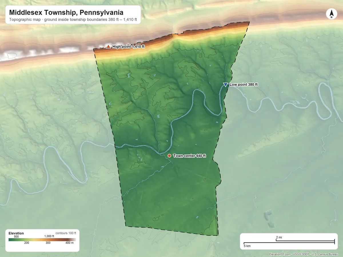 Topographic elevation map of Middlesex Township, Pennsylvania, shaded from 380 ft on the northeast side to 1,410 ft on the northwest side