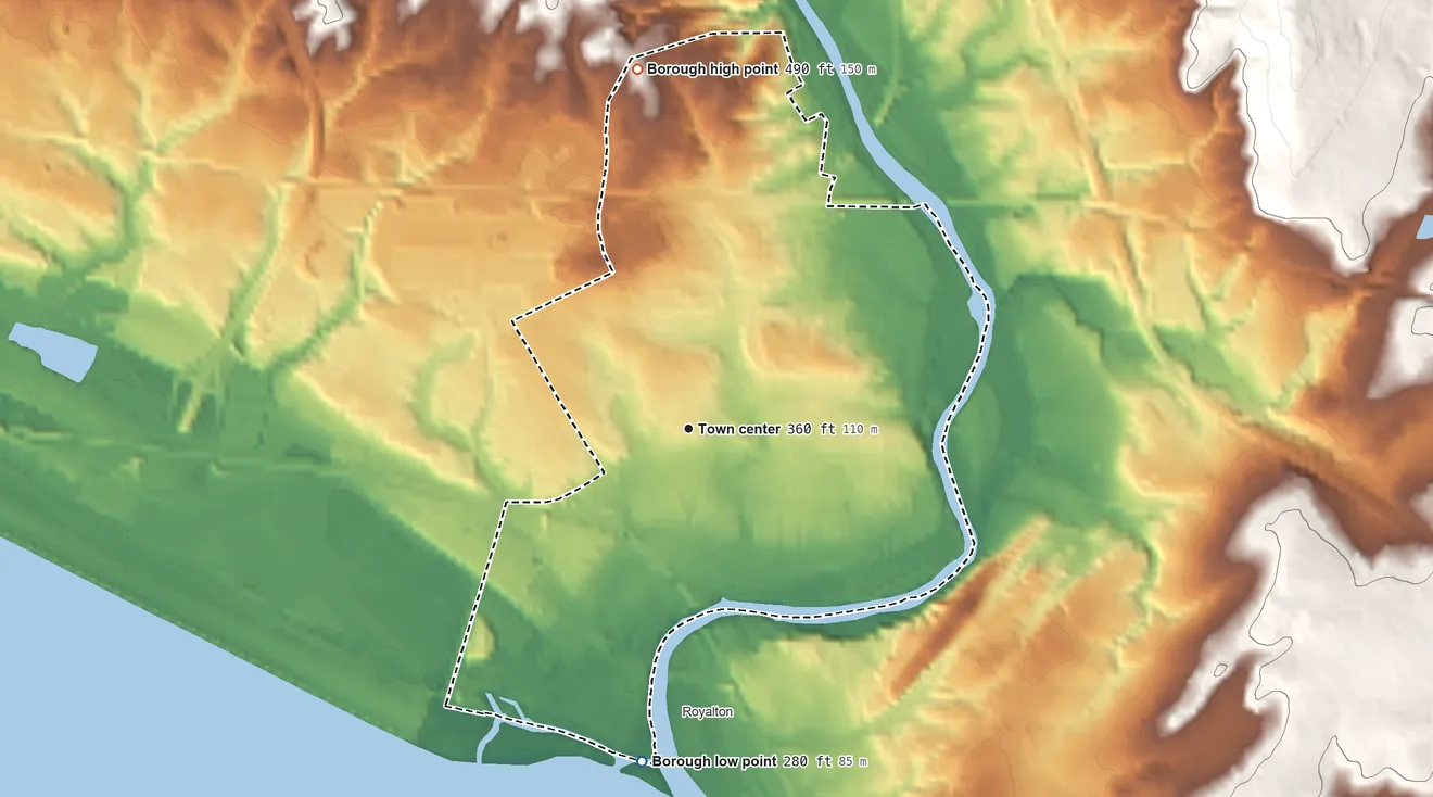 Topographic elevation map of Middletown, Pennsylvania, shaded from 280 ft on the south side to 490 ft on the north side