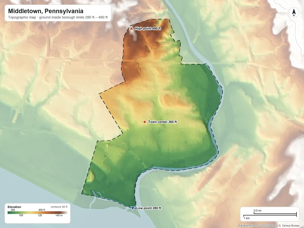 Topographic elevation map of Middletown, Pennsylvania, shaded from 280 ft on the south side to 490 ft on the north side