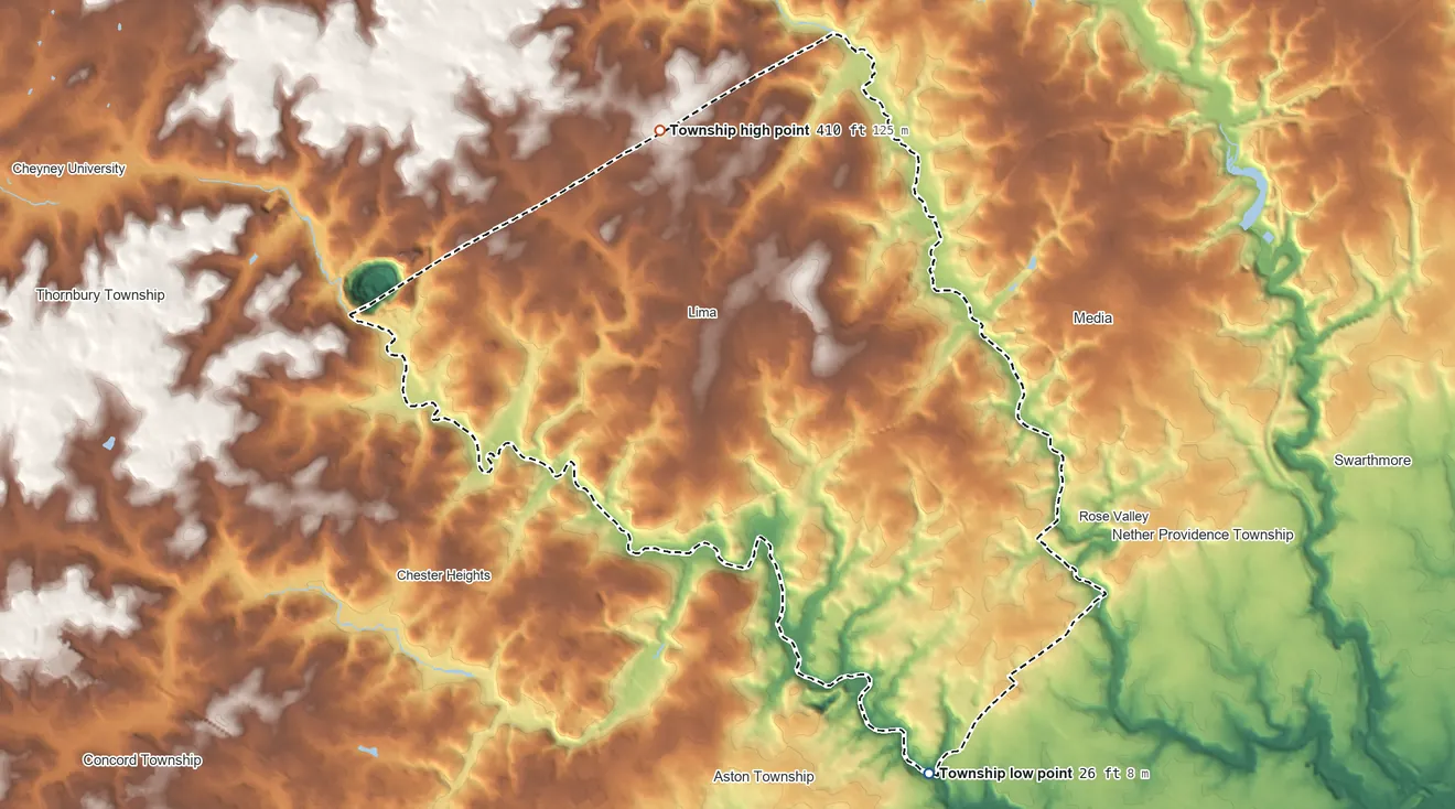 Topographic elevation map of Middletown Township, Delaware County, Pennsylvania, shaded from 26 ft on the south side to 410 ft on the northwest side