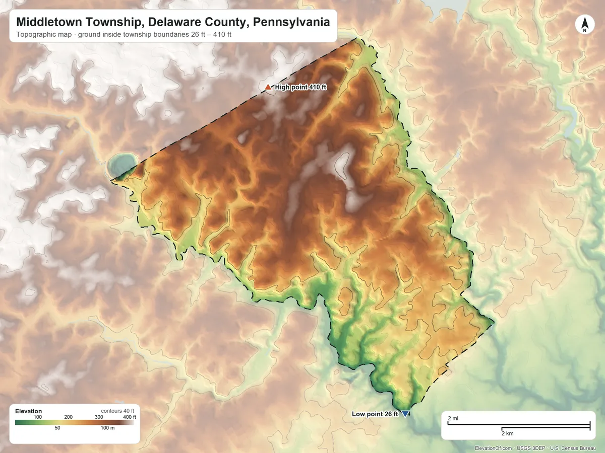 Topographic elevation map of Middletown Township, Delaware County, Pennsylvania, shaded from 26 ft on the south side to 410 ft on the northwest side