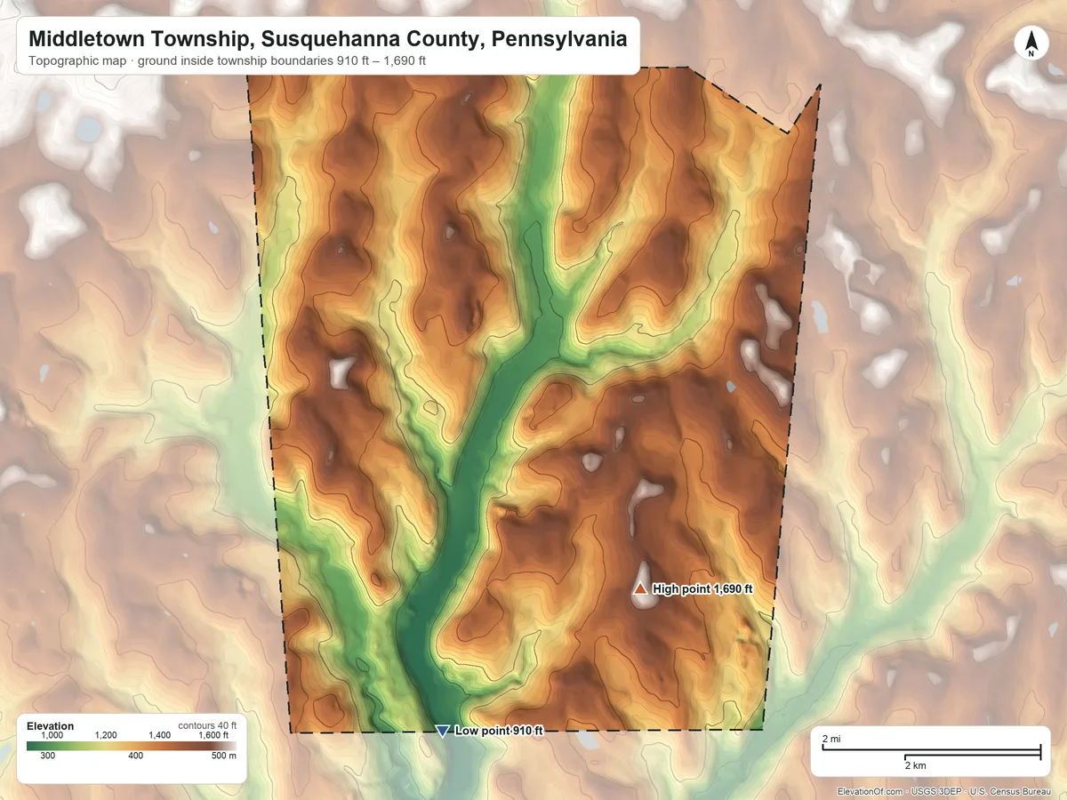 Topographic elevation map of Middletown Township, Susquehanna County, Pennsylvania, shaded from 910 ft on the south side to 1,690 ft on the southeast side