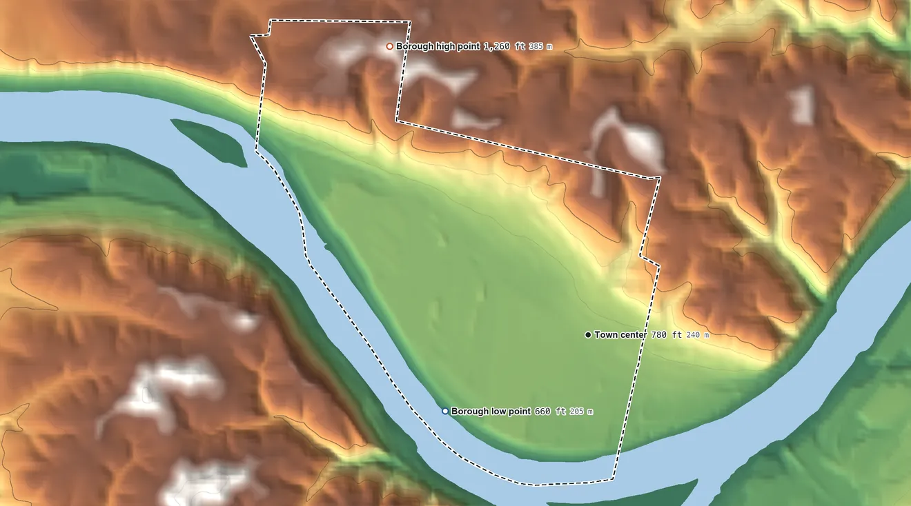 Topographic elevation map of Midland, Pennsylvania, shaded from 660 ft on the southwest side to 1,260 ft on the northwest side