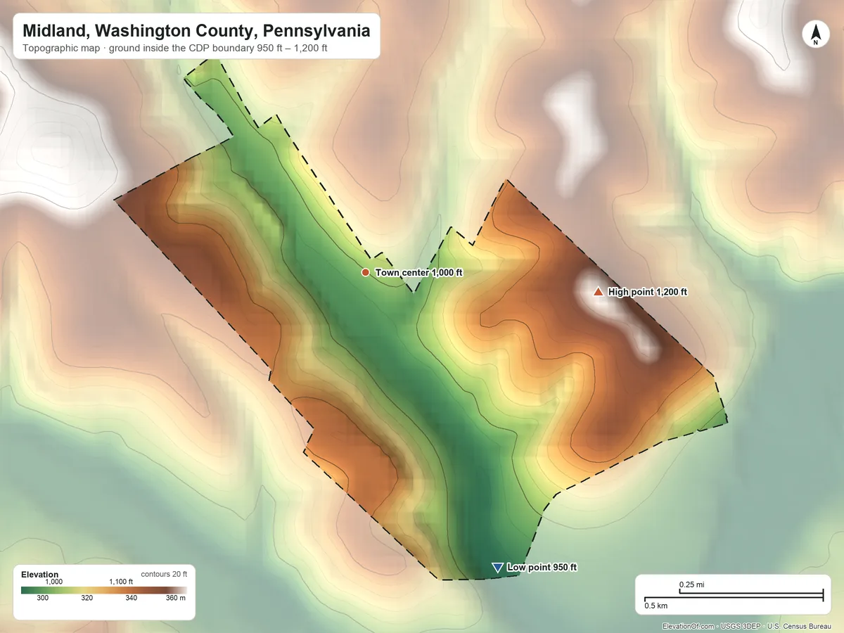 Topographic elevation map of Midland, Washington County, Pennsylvania, shaded from 950 ft on the southeast side to 1,200 ft on the east side