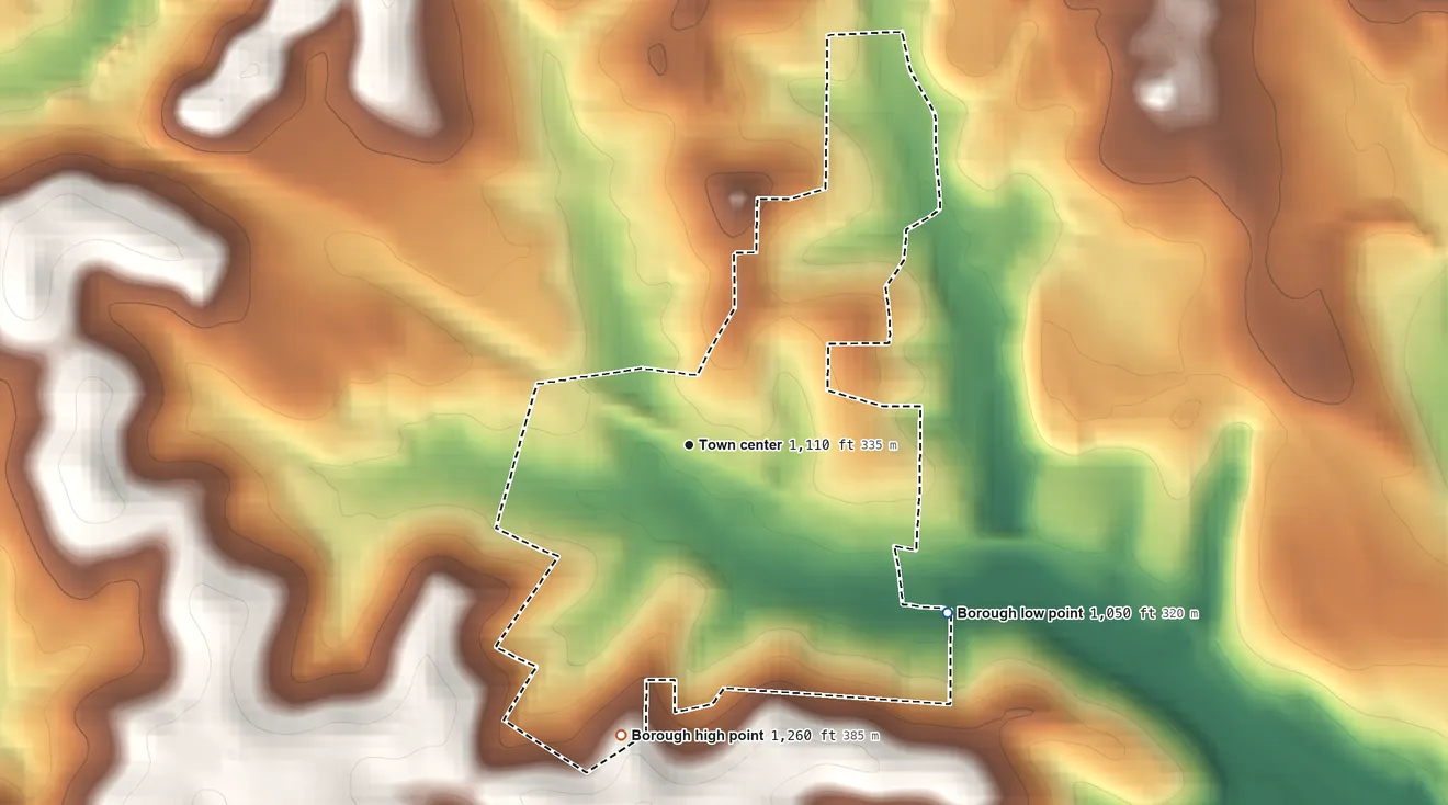 Topographic elevation map of Borough of Midway, Pennsylvania, shaded from 1,050 ft on the southeast side to 1,260 ft on the south side