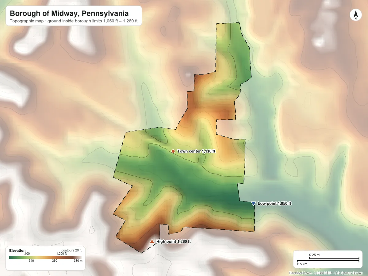 Topographic elevation map of Borough of Midway, Pennsylvania, shaded from 1,050 ft on the southeast side to 1,260 ft on the south side