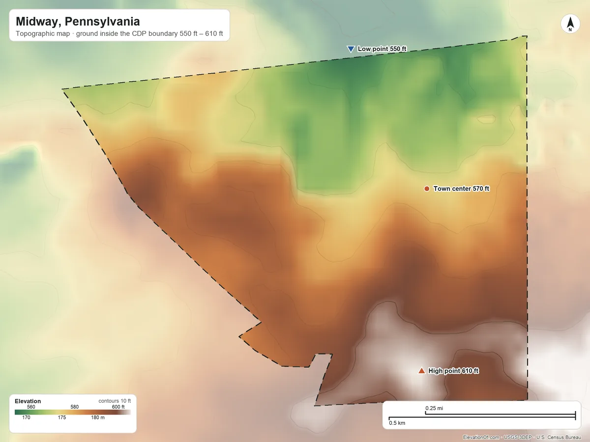 Topographic elevation map of Midway, Pennsylvania, shaded from 550 ft on the northwest side to 610 ft on the south side