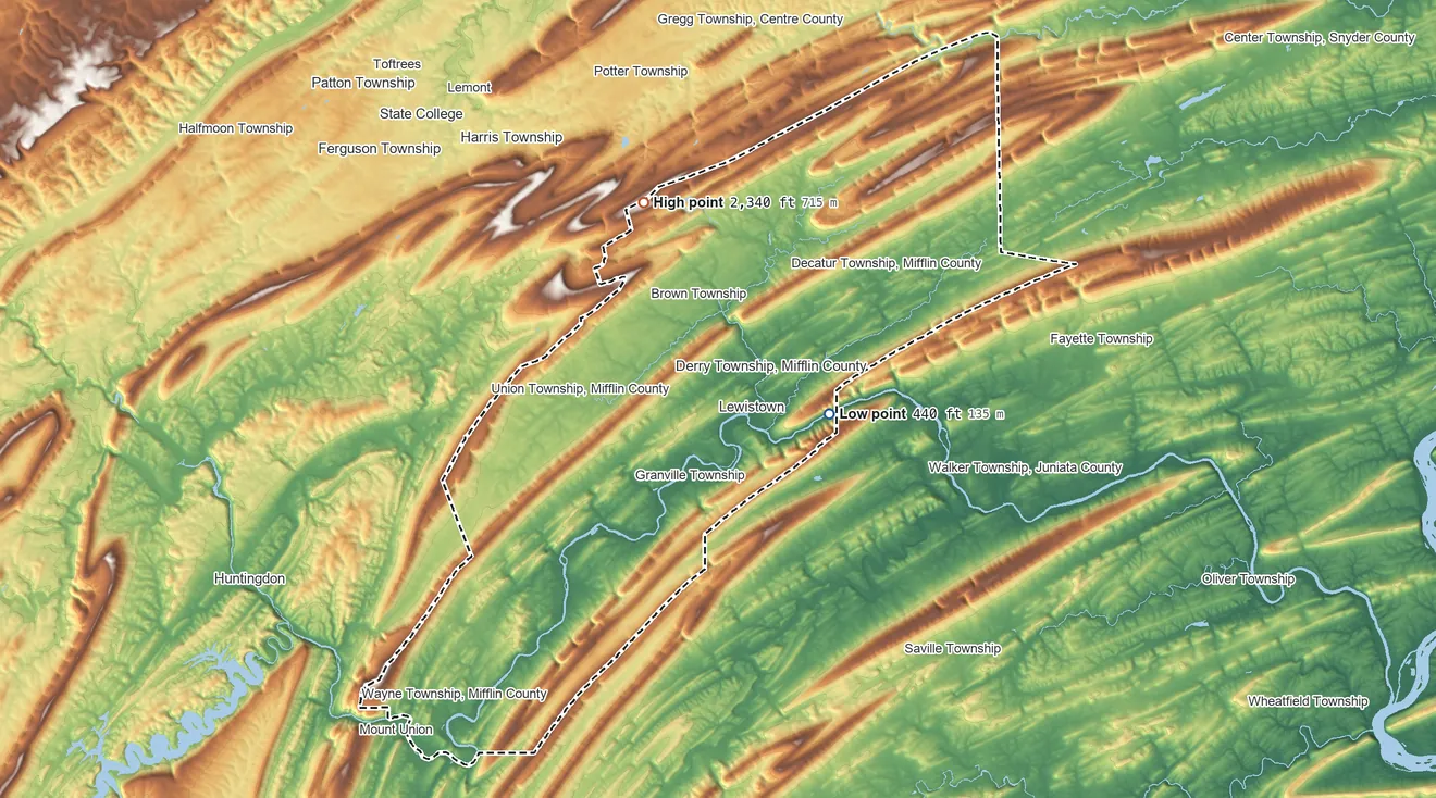 Topographic elevation map of Mifflin County, Pennsylvania, shaded from 440 ft on the east side to 2,340 ft on Broad Mountain