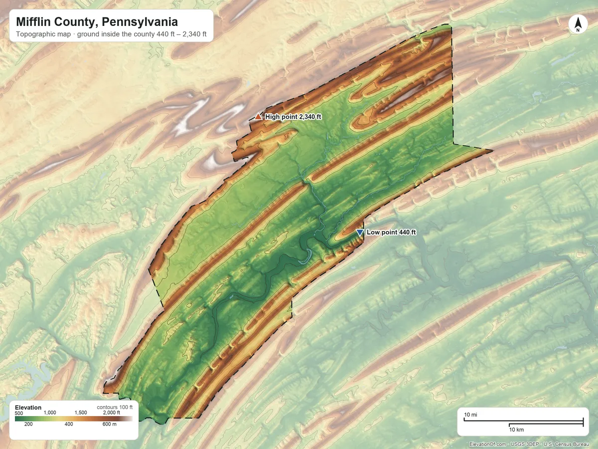 Topographic elevation map of Mifflin County, Pennsylvania, shaded from 440 ft on the east side to 2,340 ft on Broad Mountain