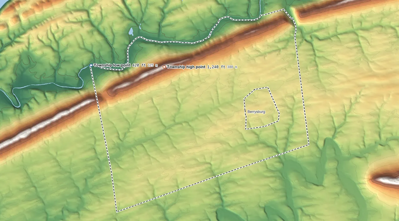 Topographic elevation map of Mifflin Township, Dauphin County, Pennsylvania, shaded from 420 ft on the west side to 1,240 ft on the northwest side