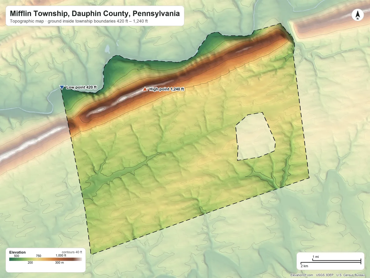 Topographic elevation map of Mifflin Township, Dauphin County, Pennsylvania, shaded from 420 ft on the west side to 1,240 ft on the northwest side