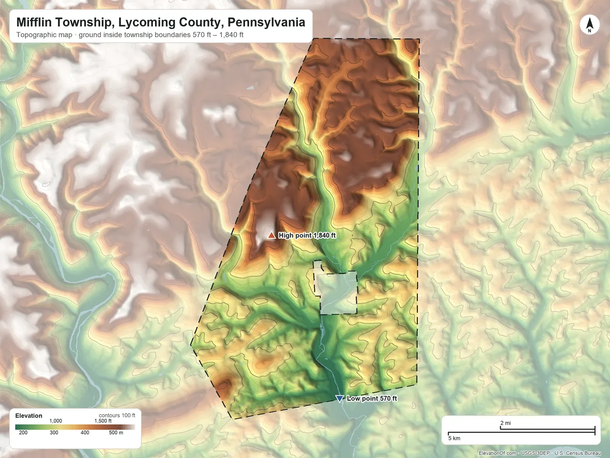 Topographic elevation map of Mifflin Township, Lycoming County, Pennsylvania, shaded from 570 ft on the south side to 1,840 ft on Puterbaugh Mountain