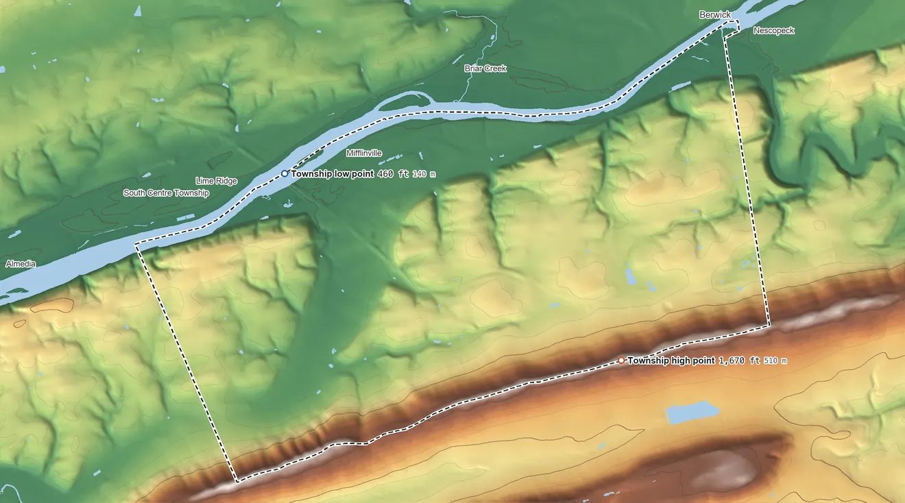 Topographic elevation map of Mifflin Township, Pennsylvania, shaded from 460 ft on the west side to 1,670 ft on the southeast side