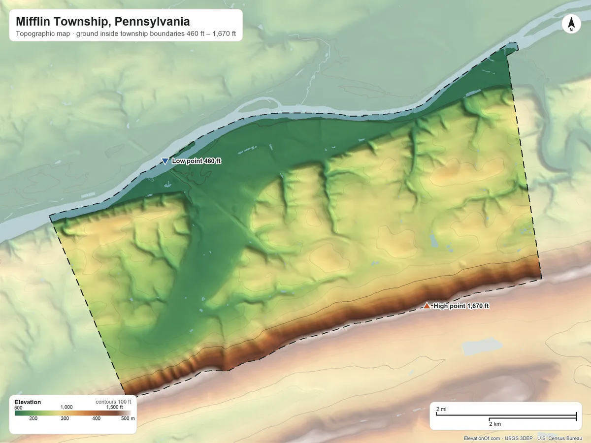 Topographic elevation map of Mifflin Township, Pennsylvania, shaded from 460 ft on the west side to 1,670 ft on the southeast side