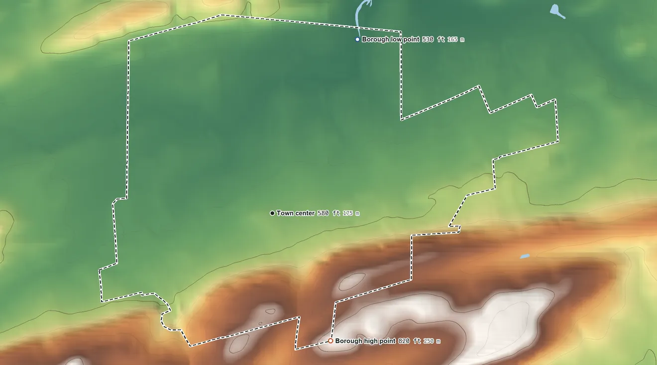 Topographic elevation map of Mifflinburg, Pennsylvania, shaded from 530 ft on the northeast side to 820 ft on the southeast side
