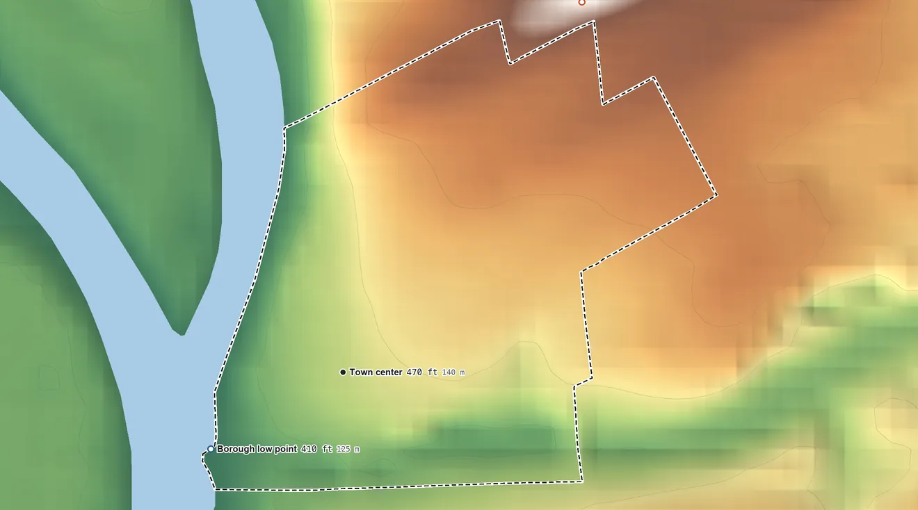 Topographic elevation map of Mifflintown, Pennsylvania, shaded from 410 ft on the southwest side to 600 ft at the foot of the Jacks Mountain