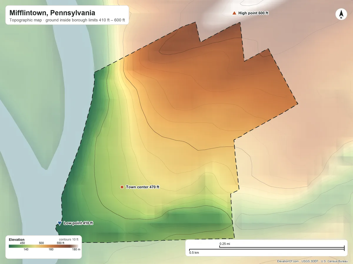Topographic elevation map of Mifflintown, Pennsylvania, shaded from 410 ft on the southwest side to 600 ft at the foot of the Jacks Mountain