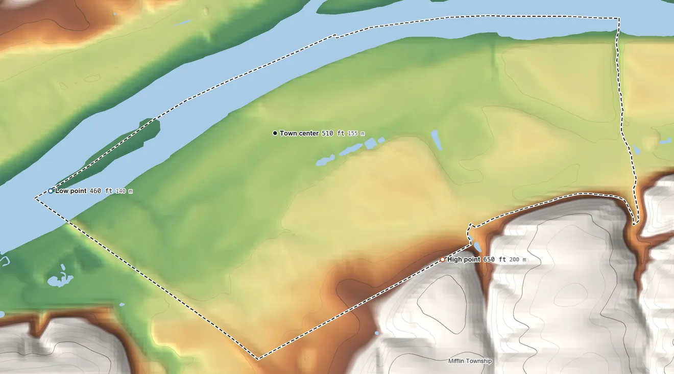 Topographic elevation map of Mifflinville, Pennsylvania, shaded from 460 ft on the west side to 650 ft on the southeast side
