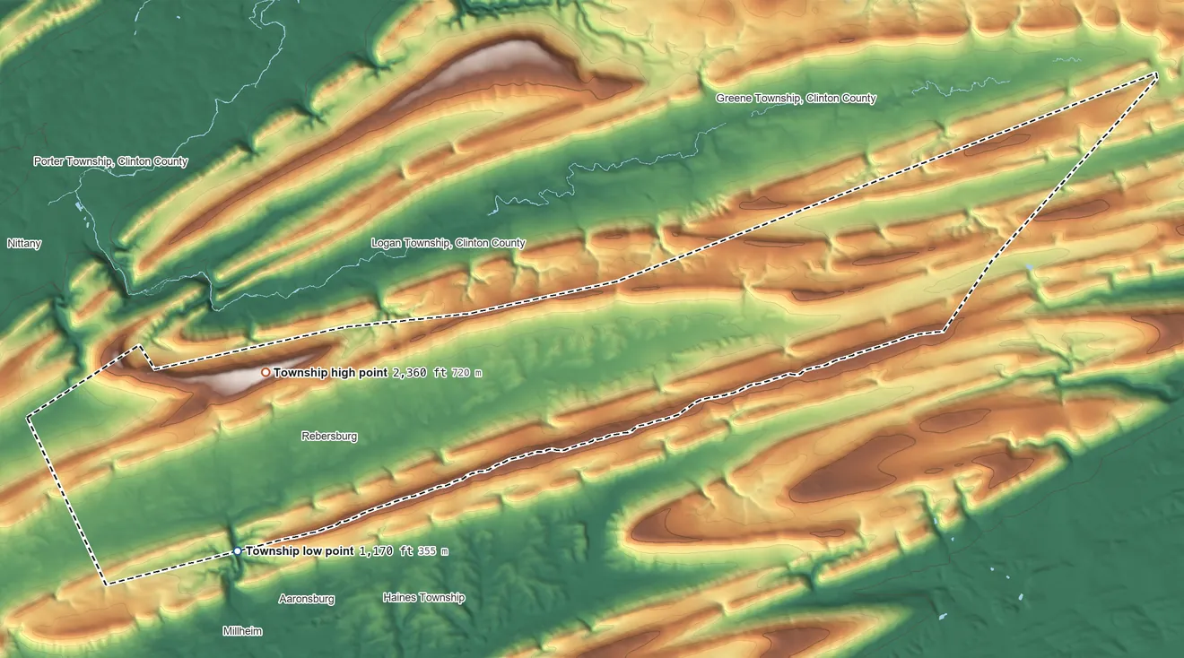 Topographic elevation map of Miles Township, Pennsylvania, shaded from 1,170 ft on the southwest side to 2,363 ft on The Winehead
