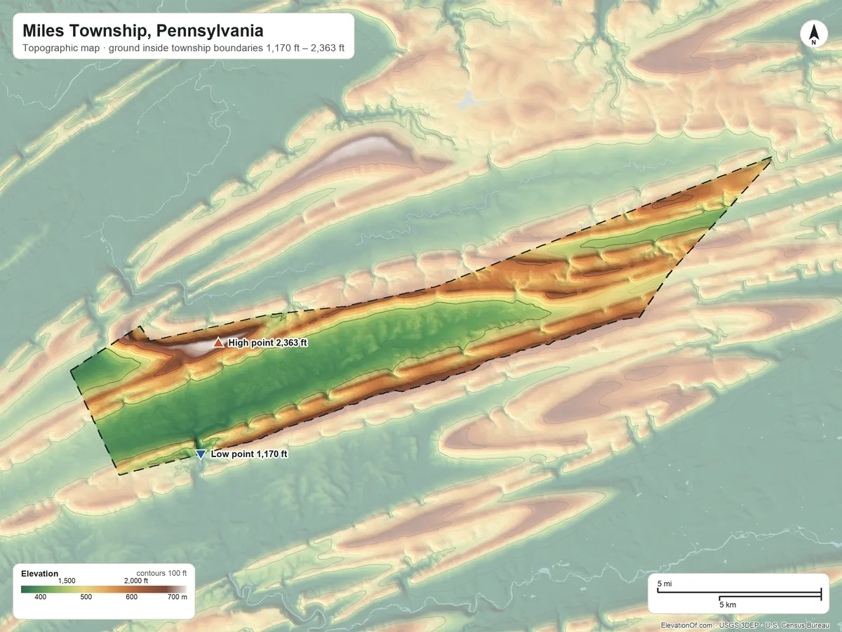 Topographic elevation map of Miles Township, Pennsylvania, shaded from 1,170 ft on the southwest side to 2,363 ft on The Winehead