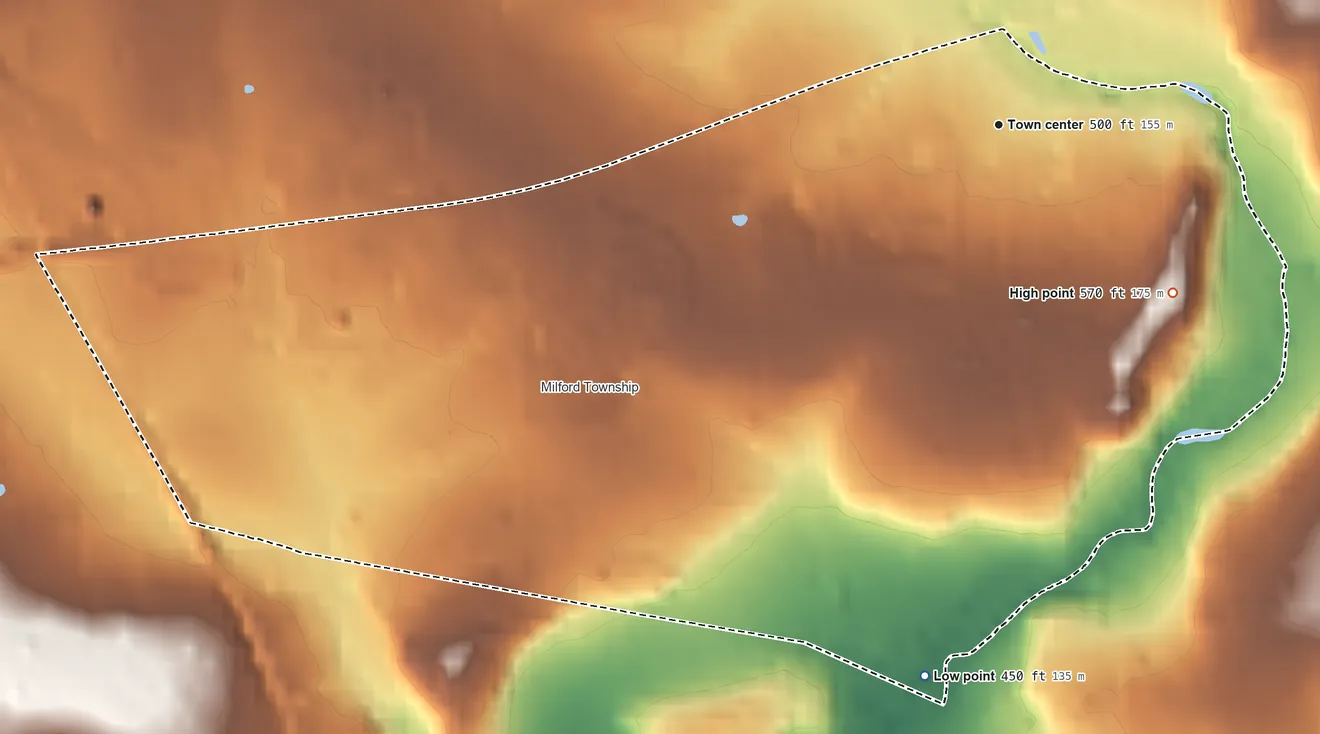 Topographic elevation map of Milford Square, Pennsylvania, shaded from 450 ft on the south side to 570 ft on the southeast side