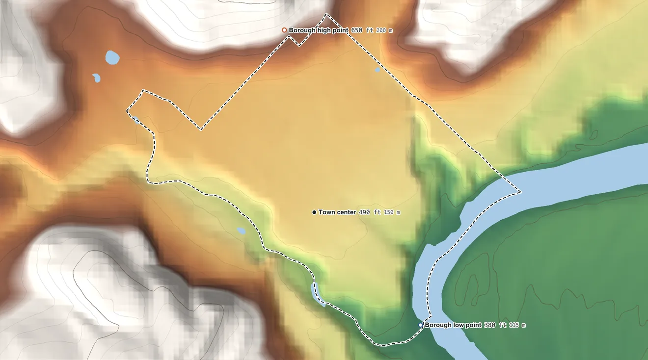 Topographic elevation map of Milford, Pennsylvania, shaded from 380 ft on the southeast side to 650 ft on the north edge, below higher ground just outside