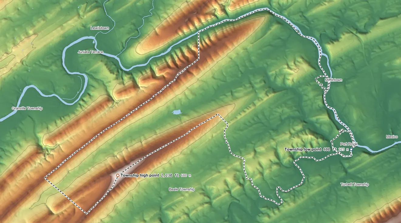 Topographic elevation map of Milford Township, Juniata County, Pennsylvania, shaded from 400 ft on the southeast side to 2,230 ft on the southwest side