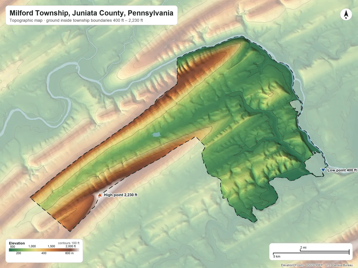 Topographic elevation map of Milford Township, Juniata County, Pennsylvania, shaded from 400 ft on the southeast side to 2,230 ft on the southwest side