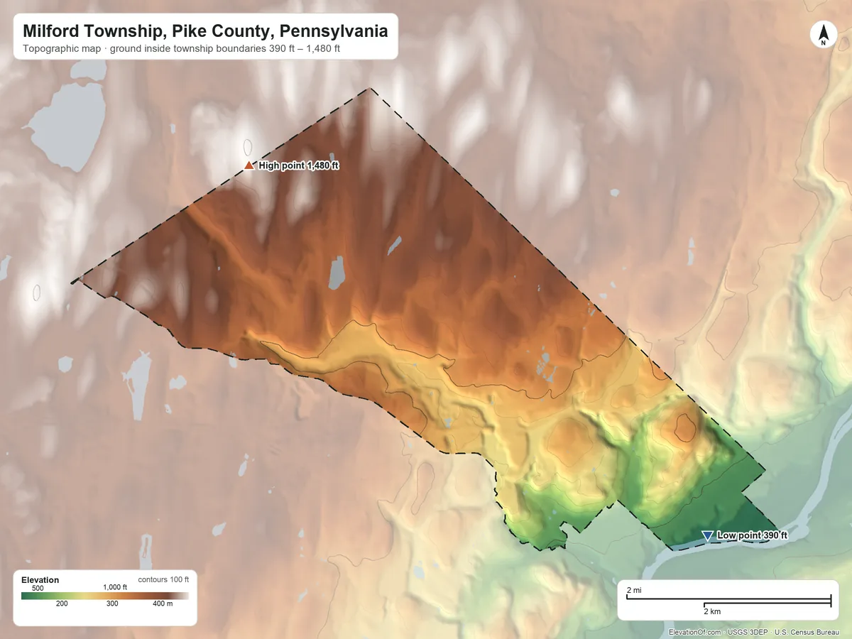 Topographic elevation map of Milford Township, Pike County, Pennsylvania, shaded from 390 ft on the southeast side to 1,480 ft on the northwest side