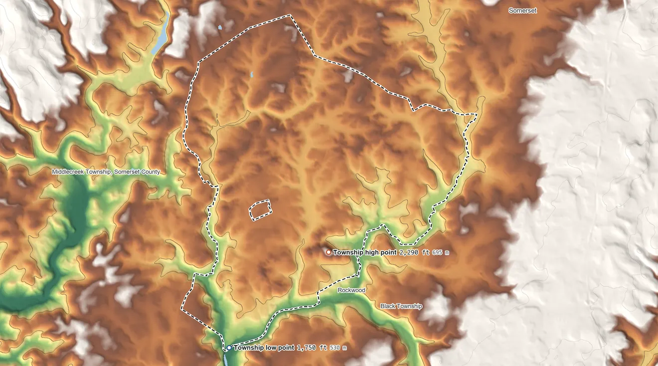Topographic elevation map of Milford Township, Somerset County, Pennsylvania, shaded from 1,750 ft on the southwest side to 2,290 ft on the south side