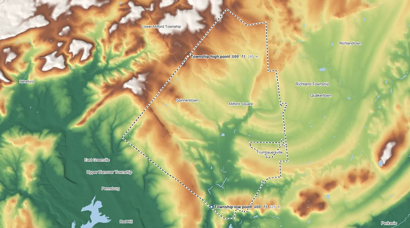 Topographic elevation map of Milford Township, Pennsylvania, shaded from 400 ft on the south side to 800 ft on the northwest side