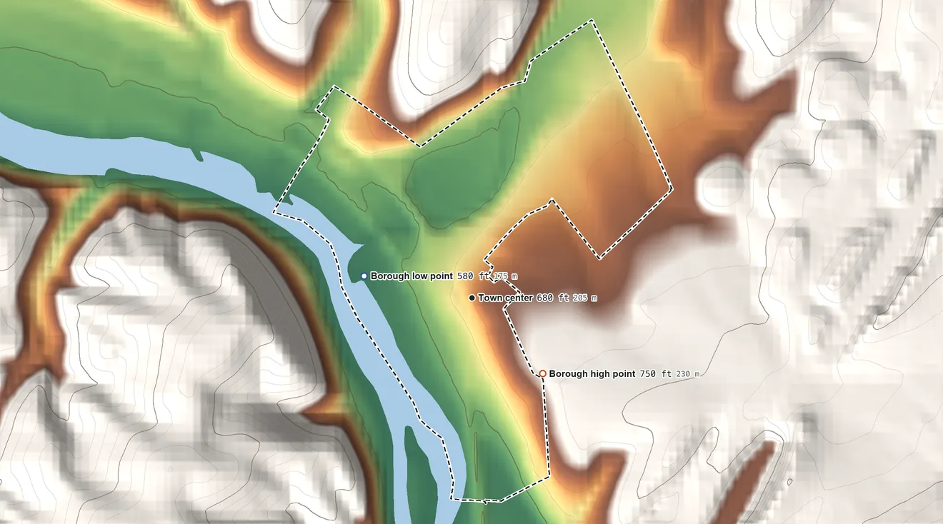 Topographic elevation map of Mill Creek, Pennsylvania, shaded from 580 ft on the west side to 750 ft on the southeast edge, below higher ground just outside