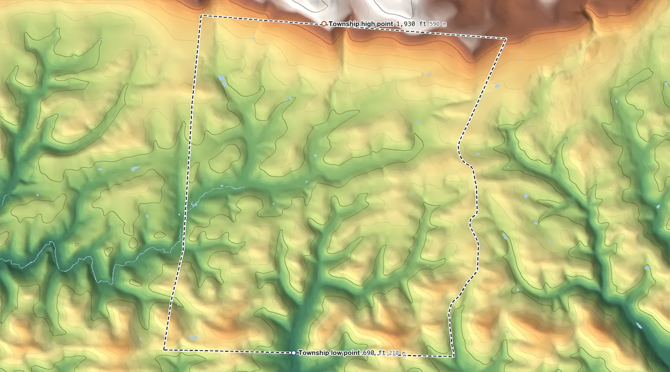 Topographic elevation map of Mill Creek Township, Lycoming County, Pennsylvania, shaded from 690 ft on the south side to 1,930 ft on the north side