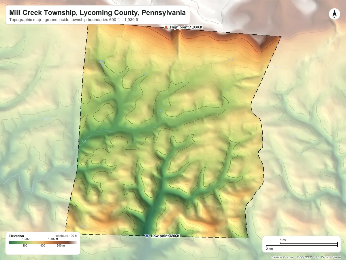 Topographic elevation map of Mill Creek Township, Lycoming County, Pennsylvania, shaded from 690 ft on the south side to 1,930 ft on the north side