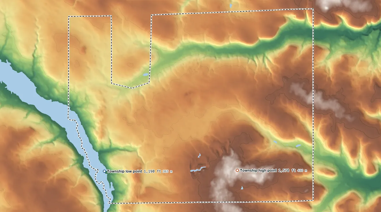 Topographic elevation map of Mill Creek Township, Pennsylvania, shaded from 1,190 ft on the southwest side to 1,570 ft on the southeast side