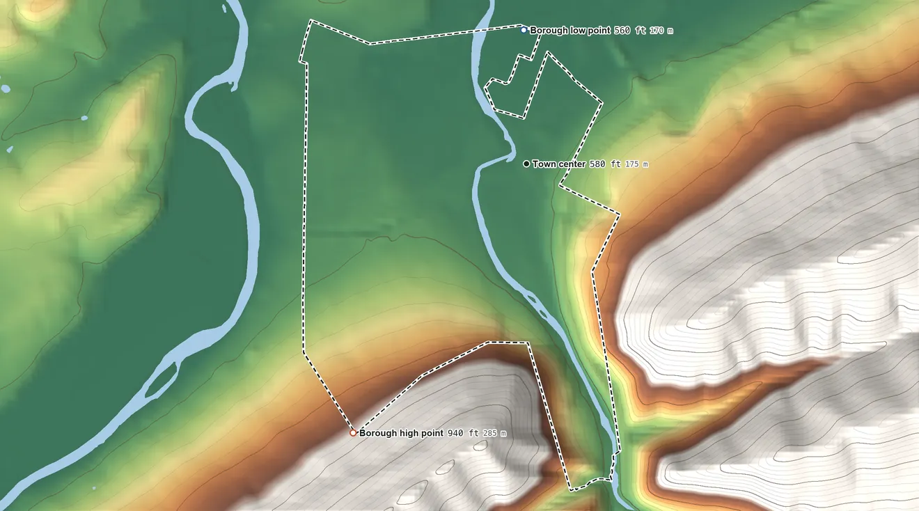 Topographic elevation map of Mill Hall, Pennsylvania, shaded from 560 ft on the north side to 940 ft on the southwest edge, below higher ground just outside