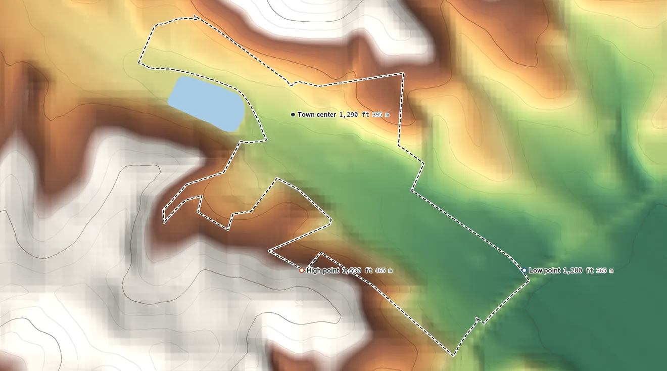 Topographic elevation map of Mill Run, Pennsylvania, shaded from 1,200 ft on the southeast side to 1,530 ft on the south edge, below higher ground just outside
