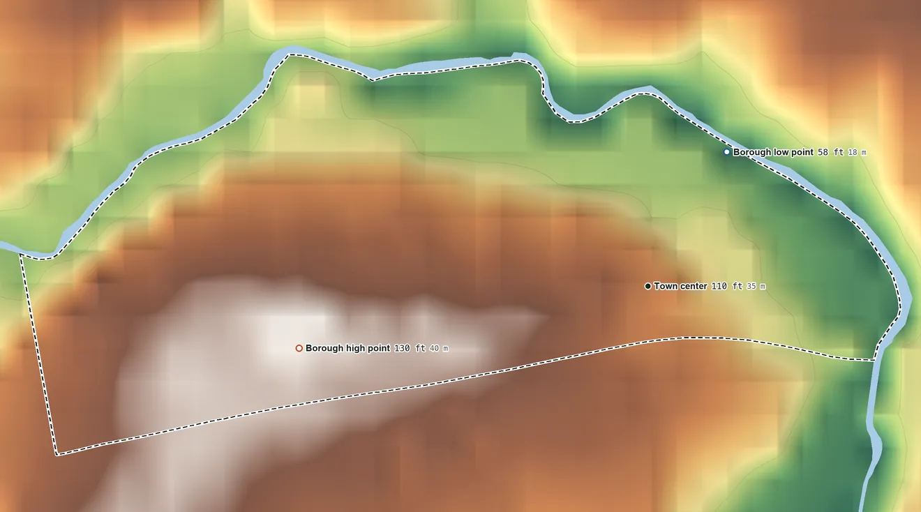 Topographic elevation map of Millbourne, Pennsylvania, shaded from 58 ft on the northeast side to 130 ft on the west side