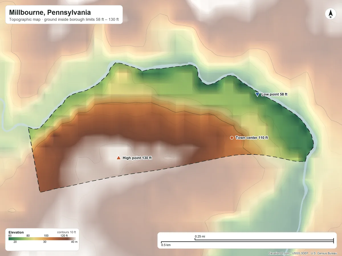 Topographic elevation map of Millbourne, Pennsylvania, shaded from 58 ft on the northeast side to 130 ft on the west side