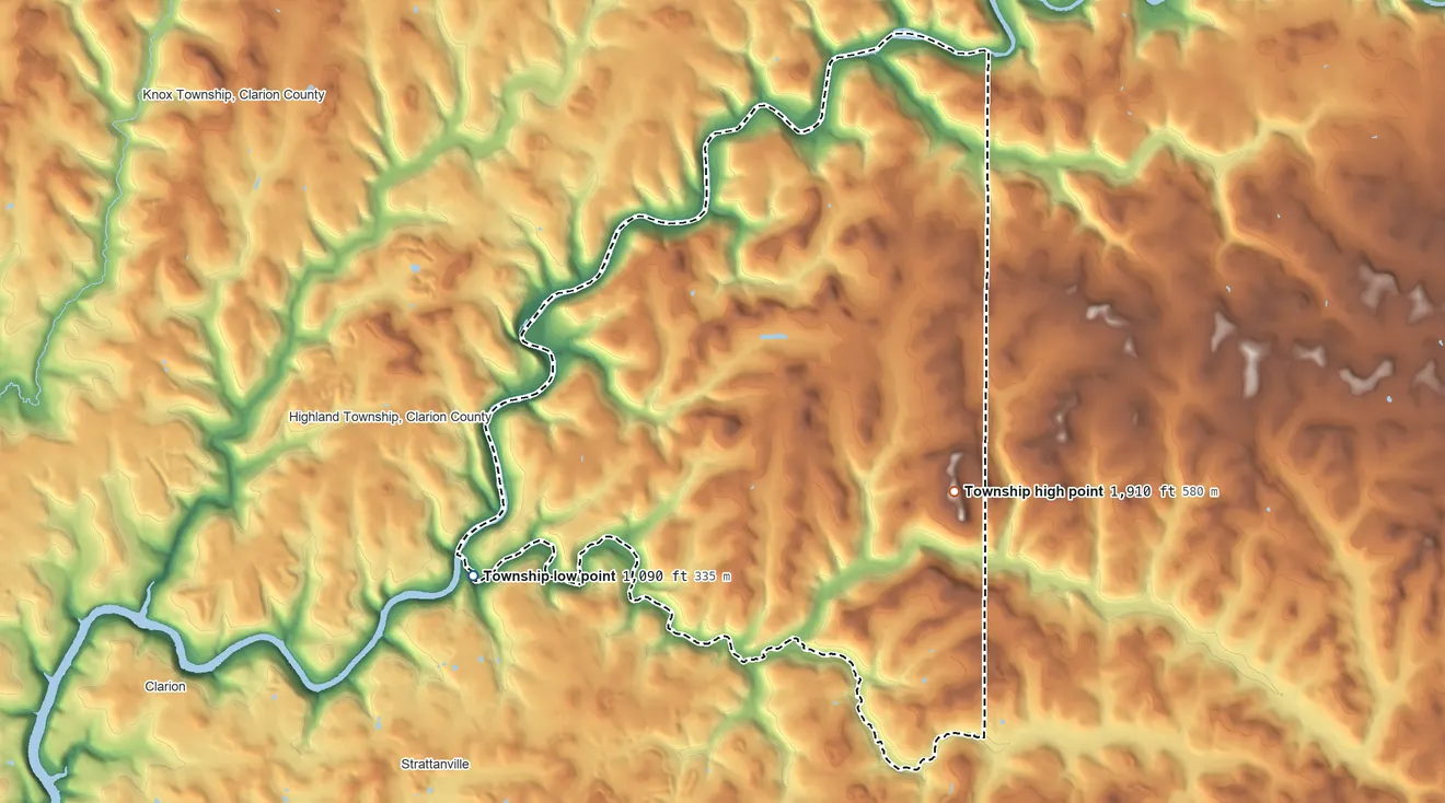 Topographic elevation map of Millcreek Township, Clarion County, Pennsylvania, shaded from 1,090 ft on the southwest side to 1,910 ft on the southeast side