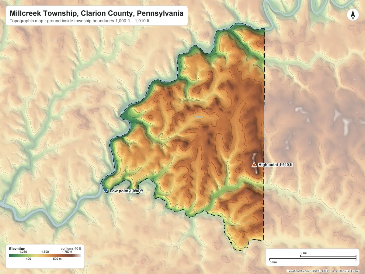 Topographic elevation map of Millcreek Township, Clarion County, Pennsylvania, shaded from 1,090 ft on the southwest side to 1,910 ft on the southeast side