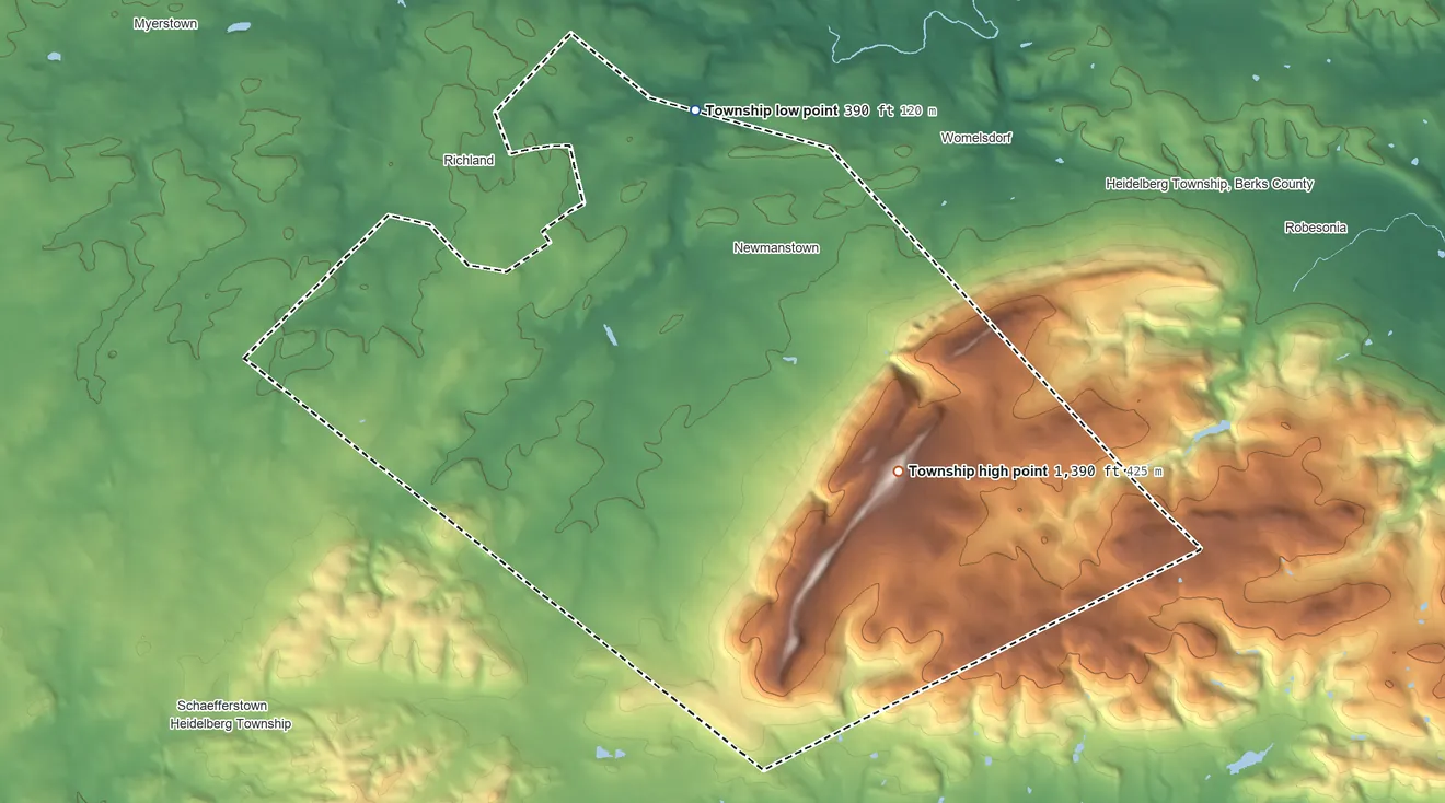 Topographic elevation map of Millcreek Township, Lebanon County, Pennsylvania, shaded from 390 ft on the north side to 1,390 ft on the southeast side