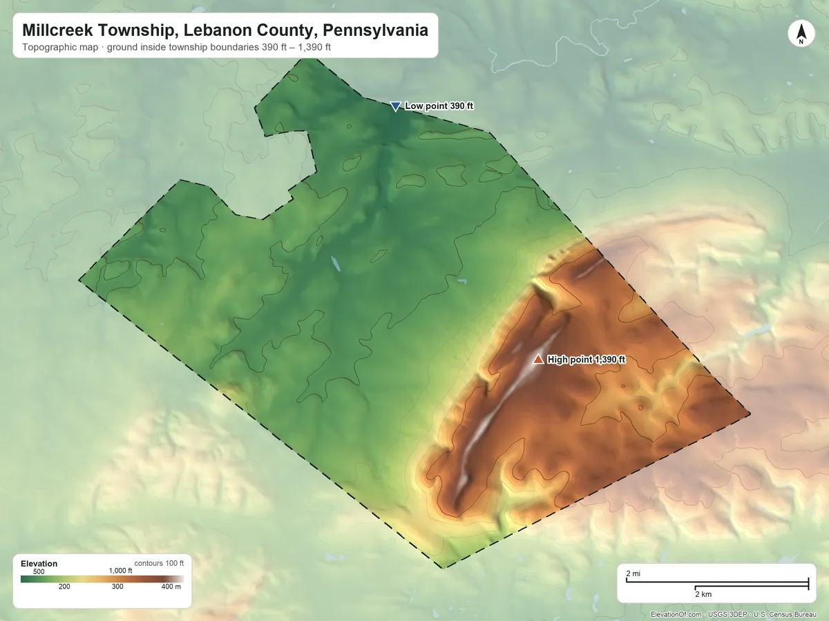 Topographic elevation map of Millcreek Township, Lebanon County, Pennsylvania, shaded from 390 ft on the north side to 1,390 ft on the southeast side